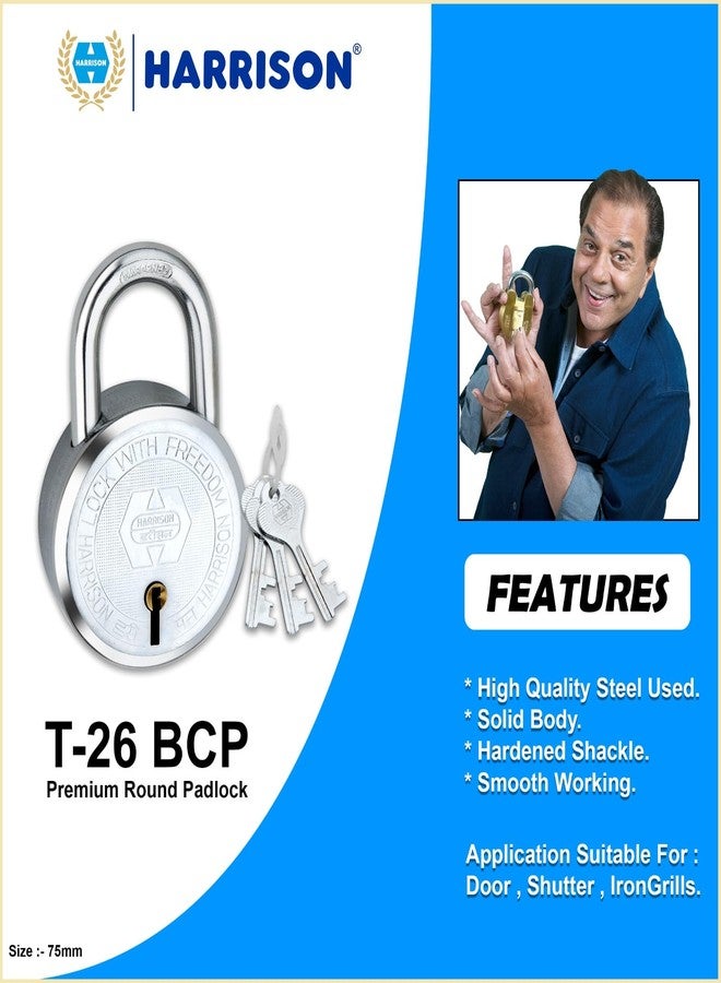Harrison Padlocks/Round Padlock 75mm 9 Lever with 3 Keys T-26-0255 Pack of 1/ Mild Steel Material/Bright Chrome Polished Finish/Padlock, Lock, Locks for Home, Locks for Main Door - Image 4